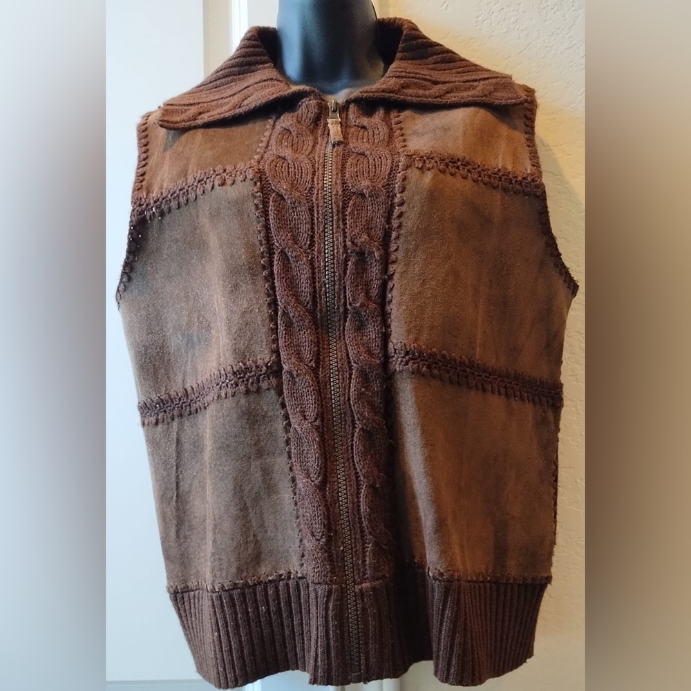 Designer Studio Original VINTAGE  Brown leather and  knit patchwork vest M
